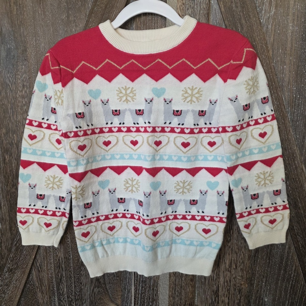 Andy & Evan Sweater Kid's Size 5 Pink Aqua Ivory‎ Llamas Hearts Metallic Stripes